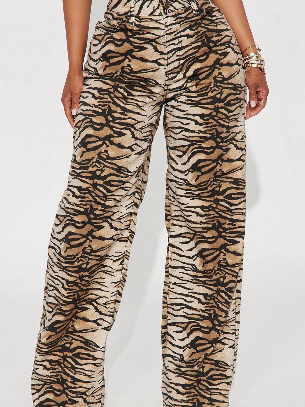 Fashion Nova Taupe & Black Tiger-Print Wide-Leg Pants